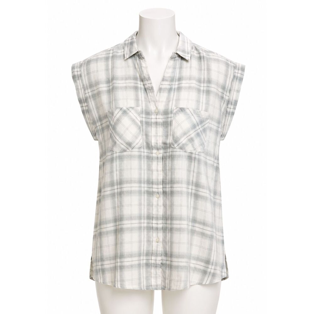 UNTUCKit Villefranchie Plaid Button Front Top Size 0 White Gray Cotton TENCEL
